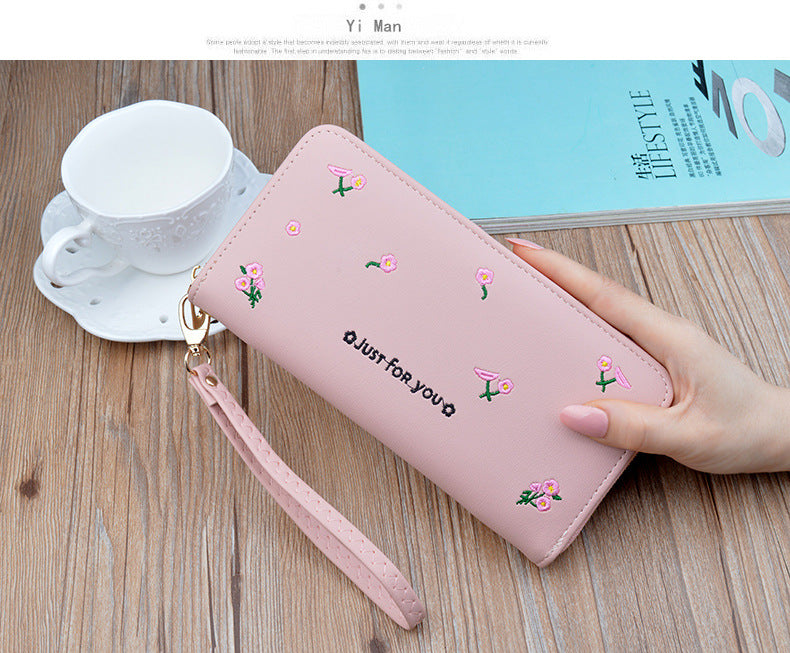 New women's wallet women's long zipper clutch fashion embroidered wallet large capacity soft leather change phone bag