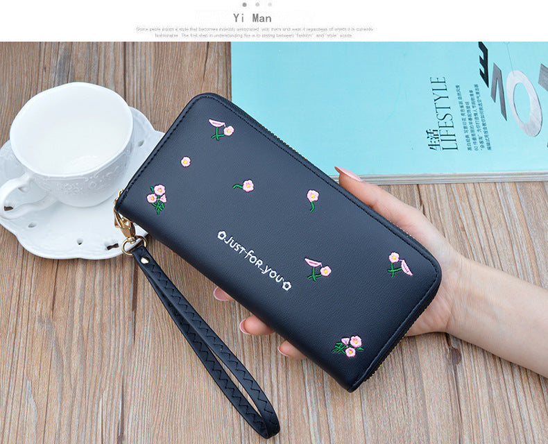 New women's wallet women's long zipper clutch fashion embroidered wallet large capacity soft leather change phone bag