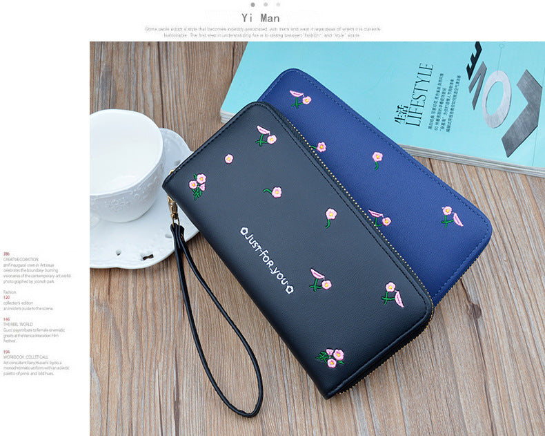 New women's wallet women's long zipper clutch fashion embroidered wallet large capacity soft leather change phone bag