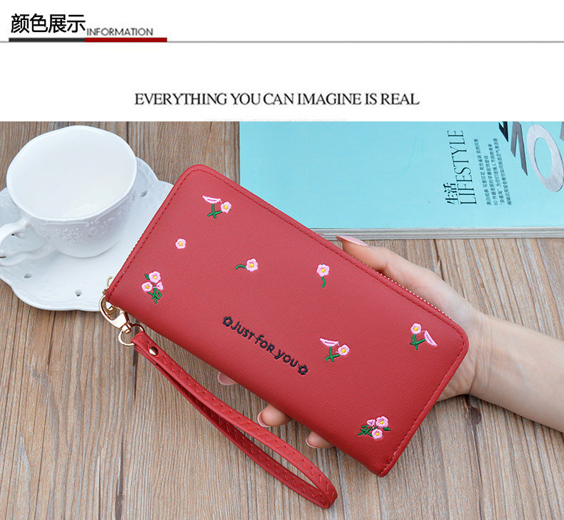 New women's wallet women's long zipper clutch fashion embroidered wallet large capacity soft leather change phone bag