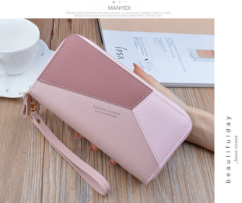 New wallet women's long double zipper clutch fashion stitching contrast color large capacity double-layer wallet mobile phone bag