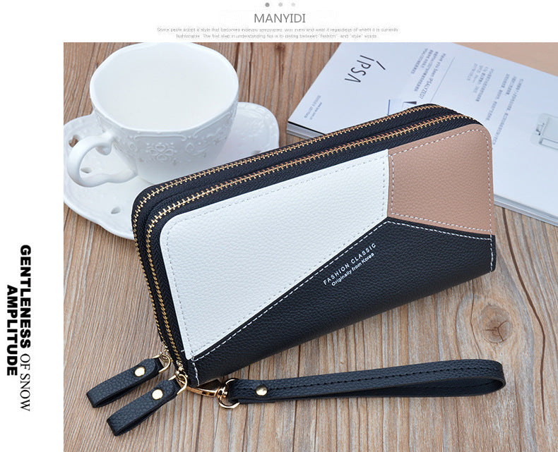 New wallet women's long double zipper clutch fashion stitching contrast color large capacity double-layer wallet mobile phone bag