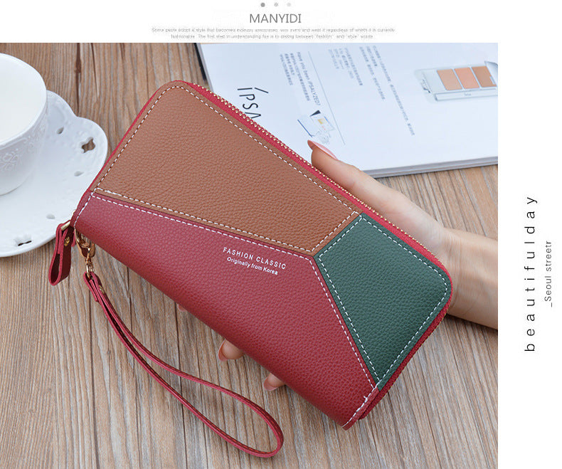 New wallet women's long double zipper clutch fashion stitching contrast color large capacity double-layer wallet mobile phone bag