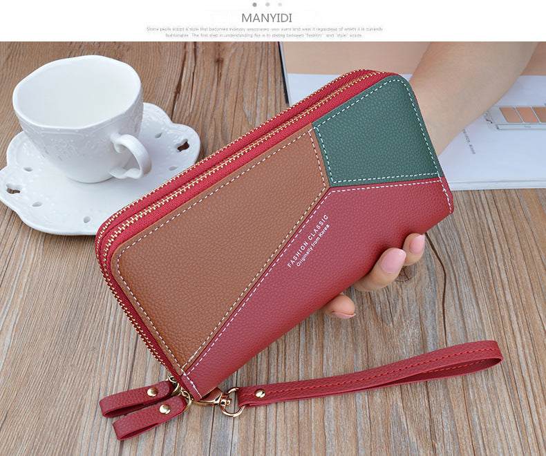 New wallet women's long double zipper clutch fashion stitching contrast color large capacity double-layer wallet mobile phone bag