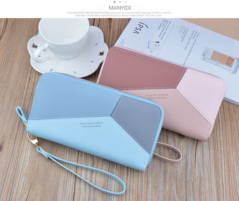 New wallet women's long double zipper clutch fashion stitching contrast color large capacity double-layer wallet mobile phone bag