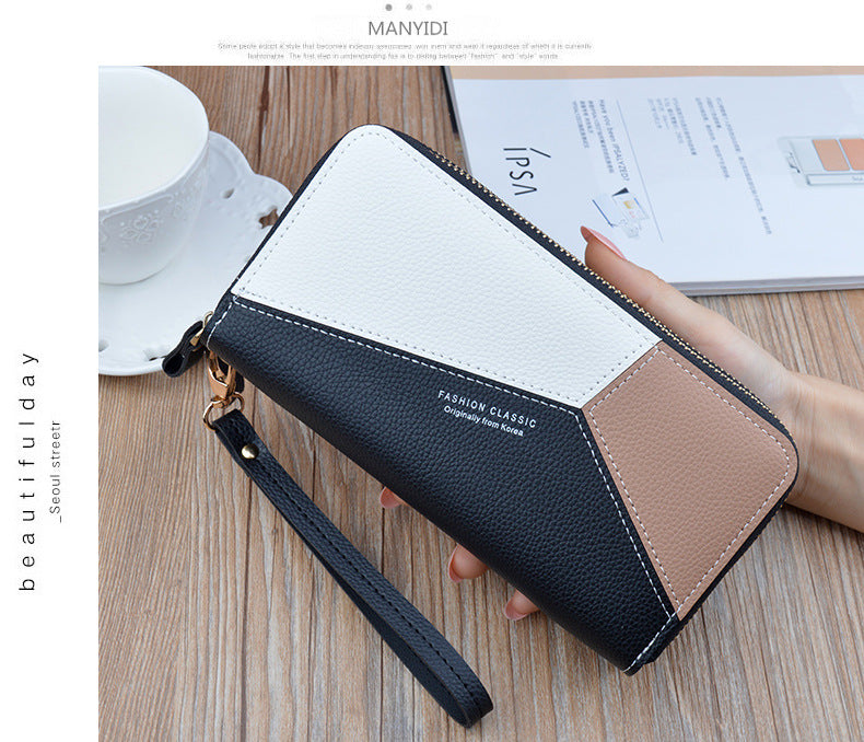 New wallet women's long double zipper clutch fashion stitching contrast color large capacity double-layer wallet mobile phone bag