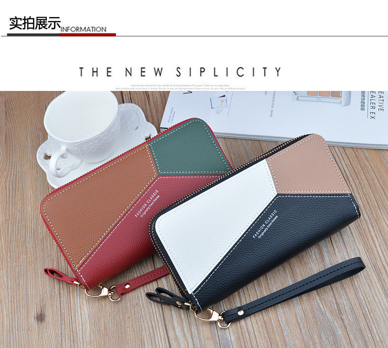 New wallet women's long double zipper clutch fashion stitching contrast color large capacity double-layer wallet mobile phone bag