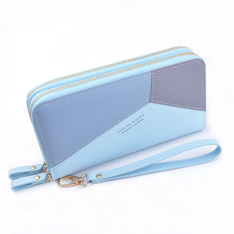 New wallet women's long double zipper clutch fashion stitching contrast color large capacity double-layer wallet mobile phone bag