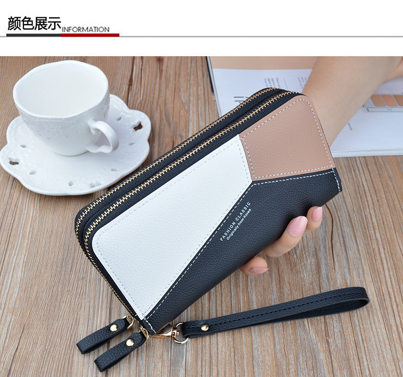 New wallet women's long double zipper clutch fashion stitching contrast color large capacity double-layer wallet mobile phone bag