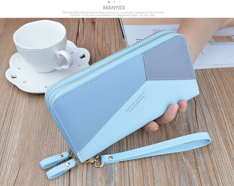 New wallet women's long double zipper clutch fashion stitching contrast color large capacity double-layer wallet mobile phone bag