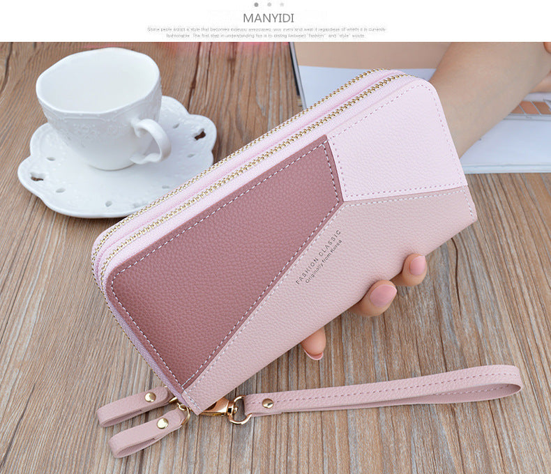 New wallet women's long double zipper clutch fashion stitching contrast color large capacity double-layer wallet mobile phone bag