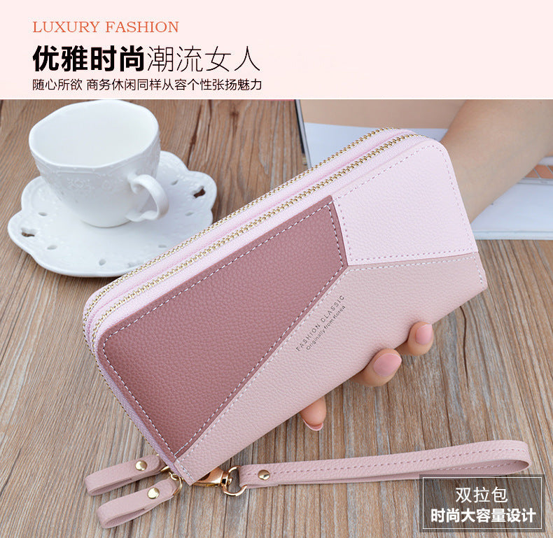 New wallet women's long double zipper clutch fashion stitching contrast color large capacity double-layer wallet mobile phone bag