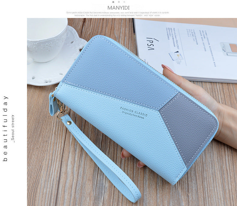 New wallet women's long double zipper clutch fashion stitching contrast color large capacity double-layer wallet mobile phone bag