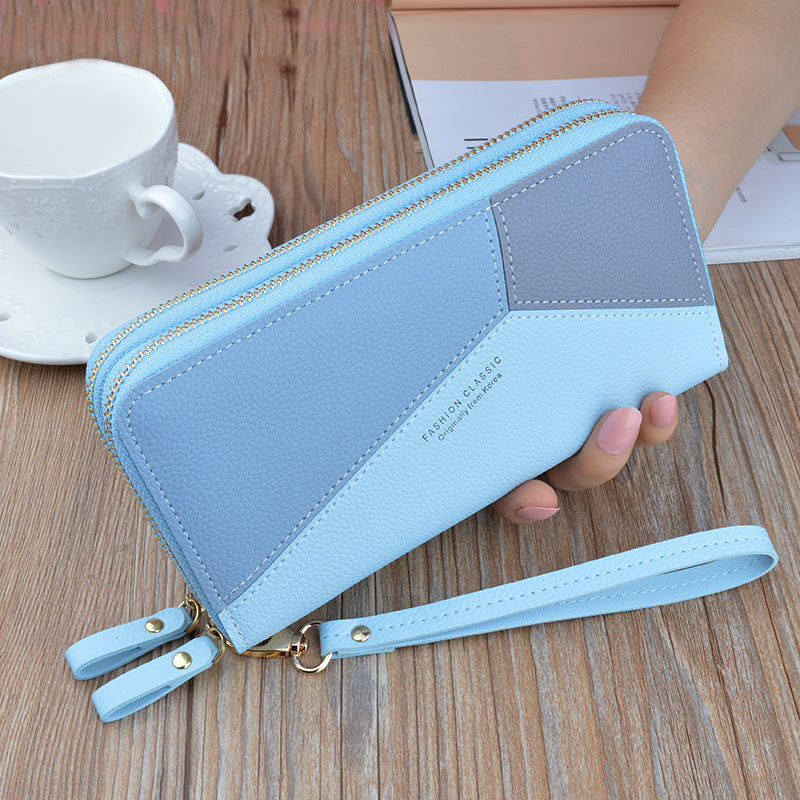 New wallet women's long double zipper clutch fashion stitching contrast color large capacity double-layer wallet mobile phone bag
