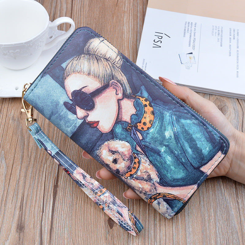 New Women's Wallet Women's Long Zipper Clutch Soft Wallet Korean Printed Fashion Student Change Mobile Phone Bag