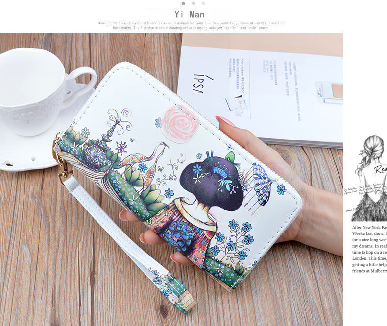 New Women's Wallet Women's Long Zipper Clutch Soft Wallet Korean Printed Fashion Student Change Mobile Phone Bag
