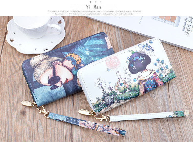 New Women's Wallet Women's Long Zipper Clutch Soft Wallet Korean Printed Fashion Student Change Mobile Phone Bag