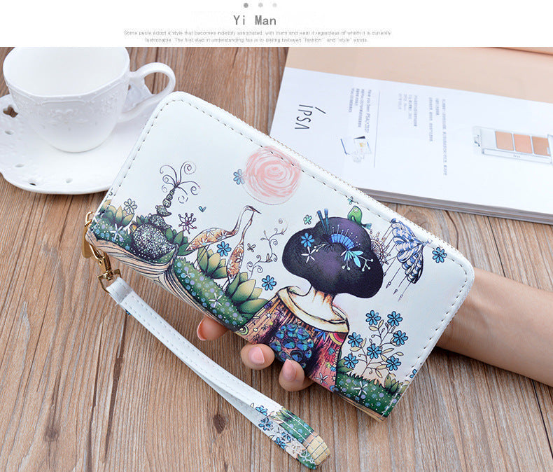 New Women's Wallet Women's Long Zipper Clutch Soft Wallet Korean Printed Fashion Student Change Mobile Phone Bag