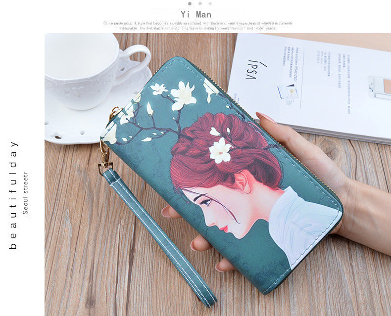 New Women's Wallet Women's Long Zipper Clutch Soft Wallet Korean Printed Fashion Student Change Mobile Phone Bag