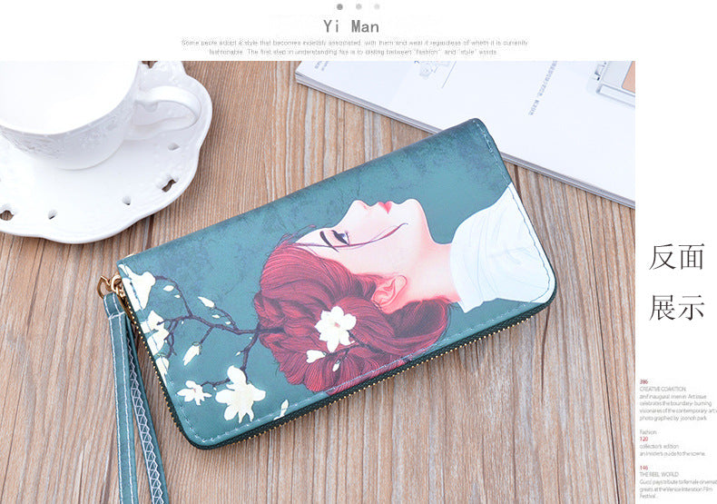 New Women's Wallet Women's Long Zipper Clutch Soft Wallet Korean Printed Fashion Student Change Mobile Phone Bag