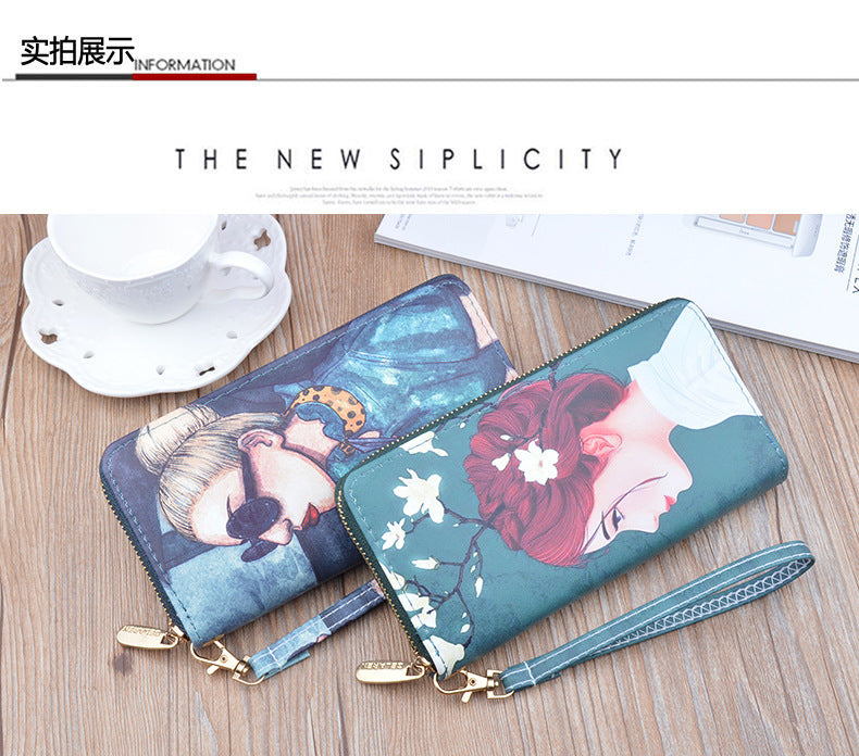 New Women's Wallet Women's Long Zipper Clutch Soft Wallet Korean Printed Fashion Student Change Mobile Phone Bag