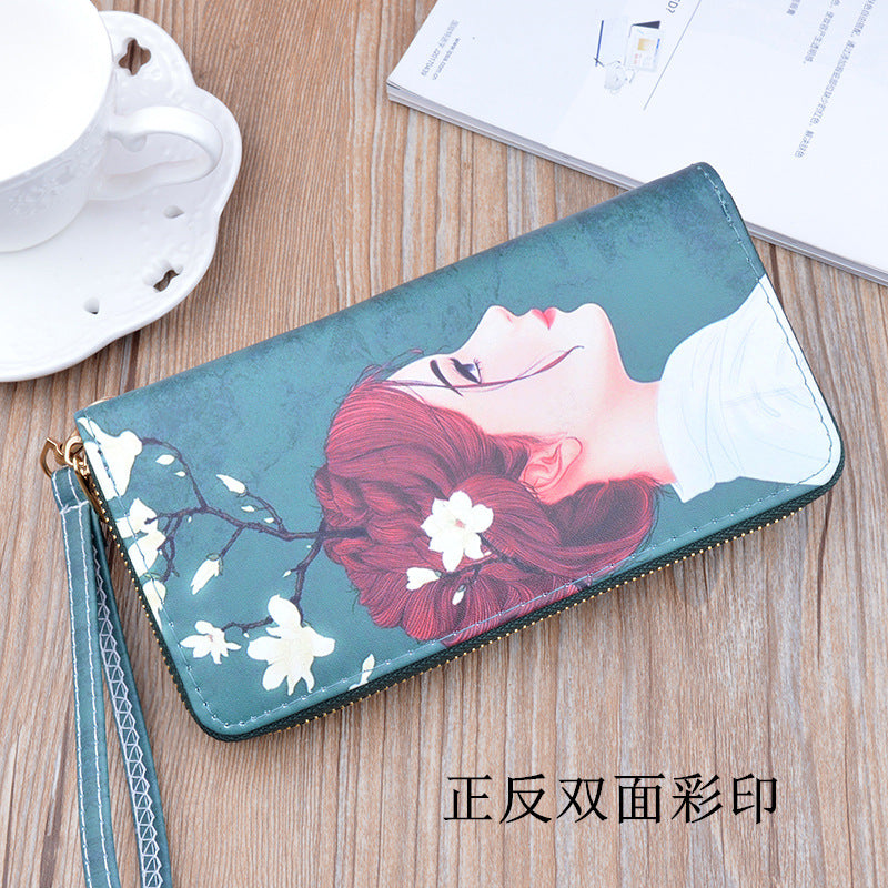 New Women's Wallet Women's Long Zipper Clutch Soft Wallet Korean Printed Fashion Student Change Mobile Phone Bag