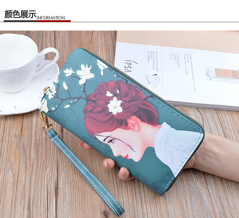 New Women's Wallet Women's Long Zipper Clutch Soft Wallet Korean Printed Fashion Student Change Mobile Phone Bag