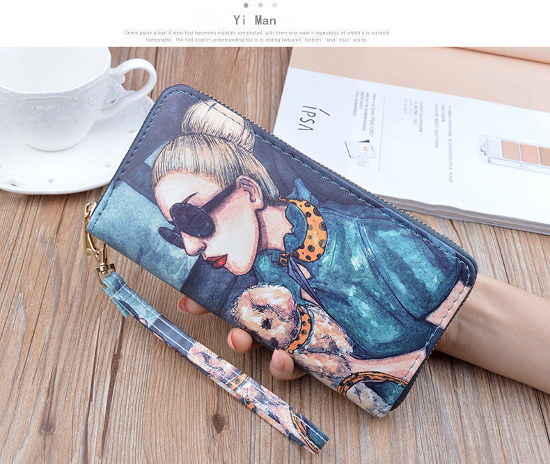 New Women's Wallet Women's Long Zipper Clutch Soft Wallet Korean Printed Fashion Student Change Mobile Phone Bag