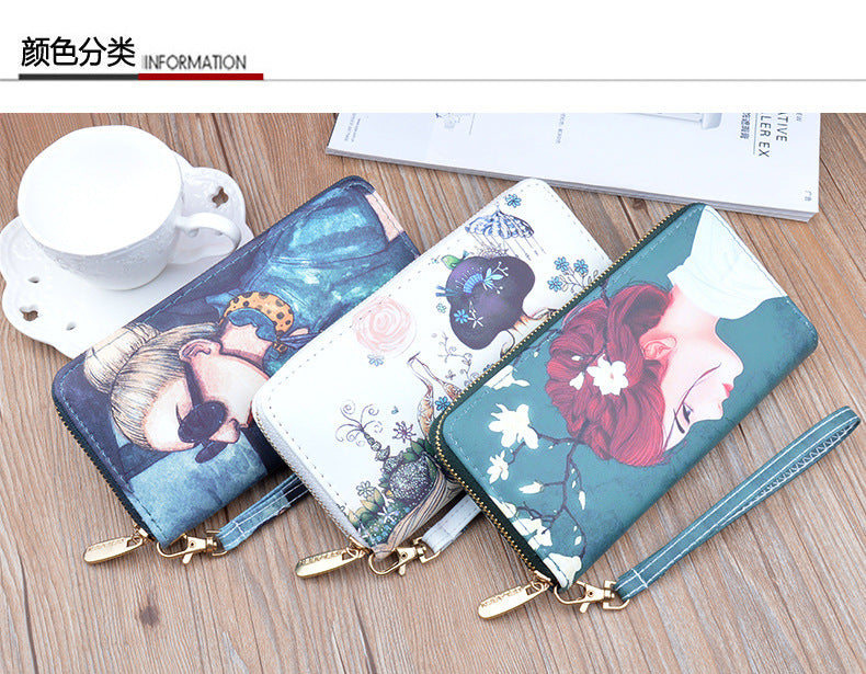 New Women's Wallet Women's Long Zipper Clutch Soft Wallet Korean Printed Fashion Student Change Mobile Phone Bag