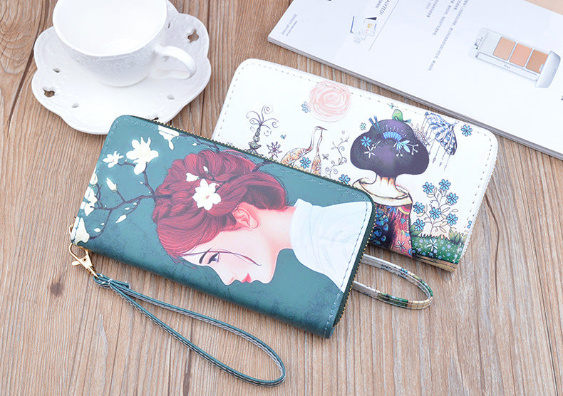 New Women's Wallet Women's Long Zipper Clutch Soft Wallet Korean Printed Fashion Student Change Mobile Phone Bag