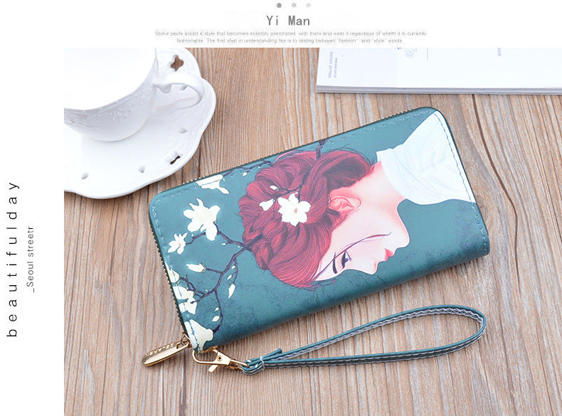 New Women's Wallet Women's Long Zipper Clutch Soft Wallet Korean Printed Fashion Student Change Mobile Phone Bag