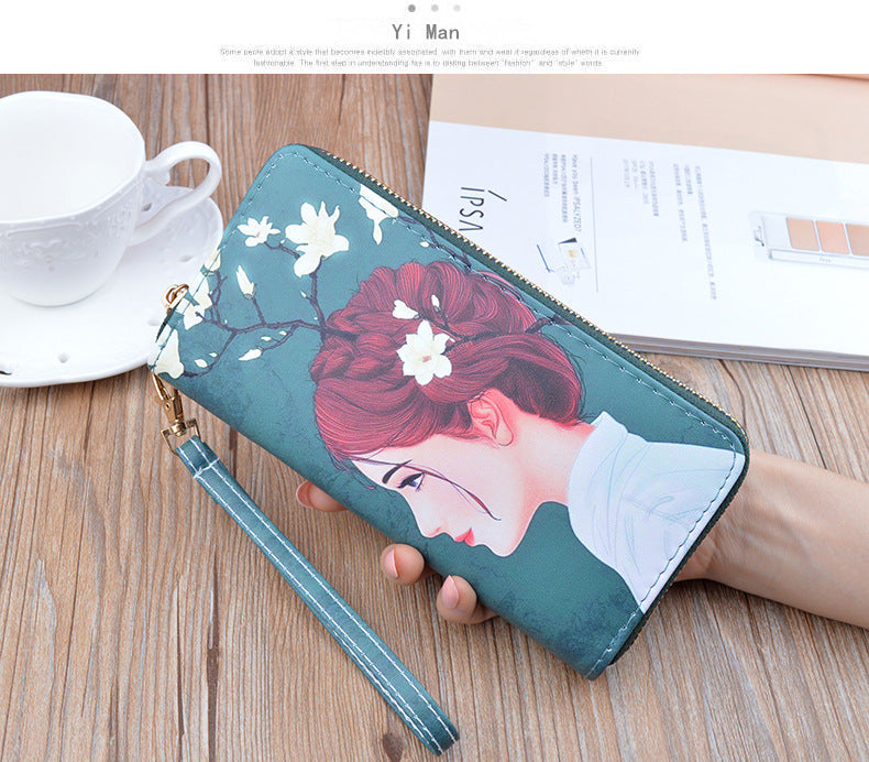 New Women's Wallet Women's Long Zipper Clutch Soft Wallet Korean Printed Fashion Student Change Mobile Phone Bag
