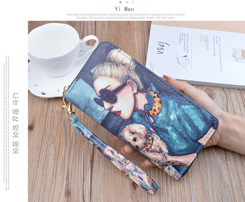 New Women's Wallet Women's Long Zipper Clutch Soft Wallet Korean Printed Fashion Student Change Mobile Phone Bag