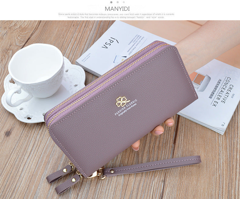 New Women's Wallet Women's Long Double Zipper Clutch Bag Fashionable Litchi Pattern Large Capacity Double Wallet Mobile Phone Bag