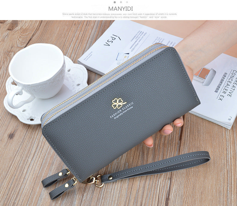 New Women's Wallet Women's Long Double Zipper Clutch Bag Fashionable Litchi Pattern Large Capacity Double Wallet Mobile Phone Bag
