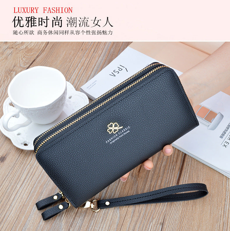New Women's Wallet Women's Long Double Zipper Clutch Bag Fashionable Litchi Pattern Large Capacity Double Wallet Mobile Phone Bag