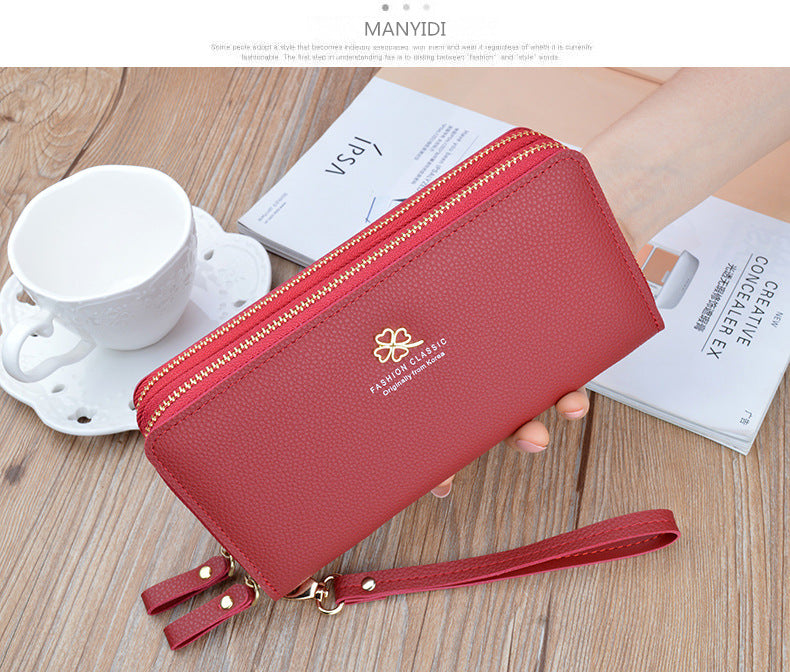 New Women's Wallet Women's Long Double Zipper Clutch Bag Fashionable Litchi Pattern Large Capacity Double Wallet Mobile Phone Bag
