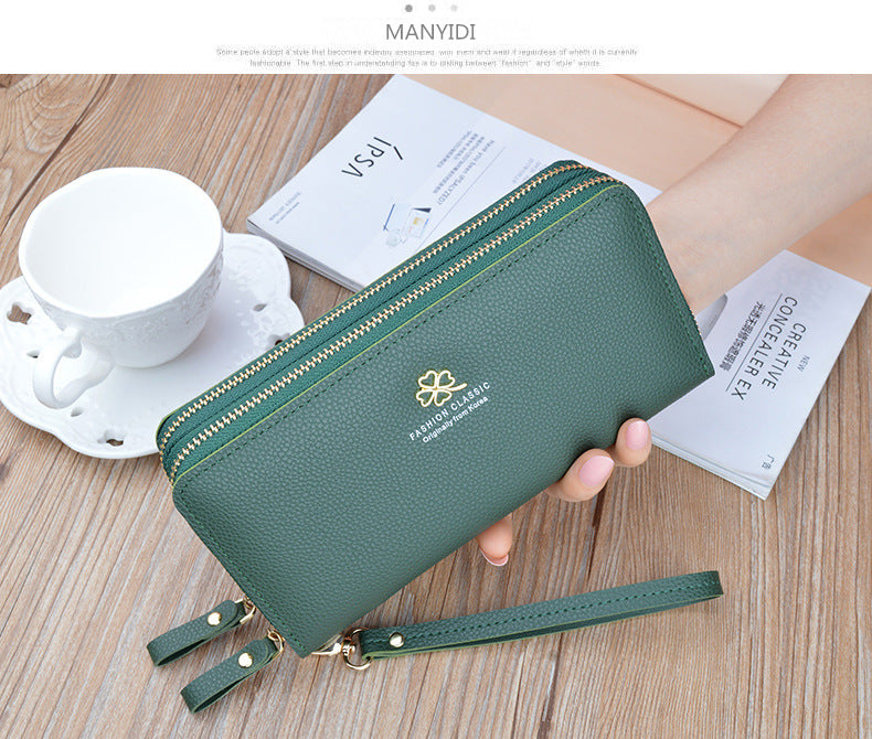 New Women's Wallet Women's Long Double Zipper Clutch Bag Fashionable Litchi Pattern Large Capacity Double Wallet Mobile Phone Bag