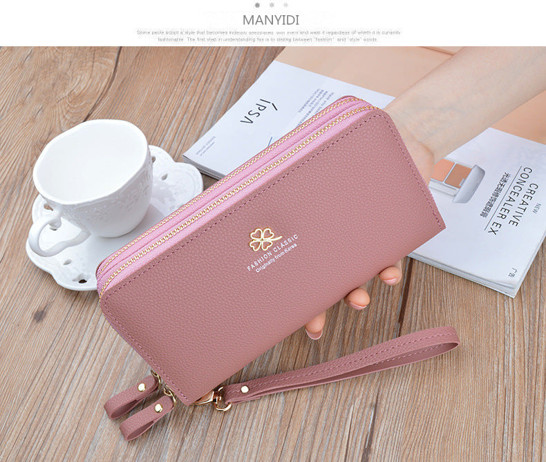 New Women's Wallet Women's Long Double Zipper Clutch Bag Fashionable Litchi Pattern Large Capacity Double Wallet Mobile Phone Bag